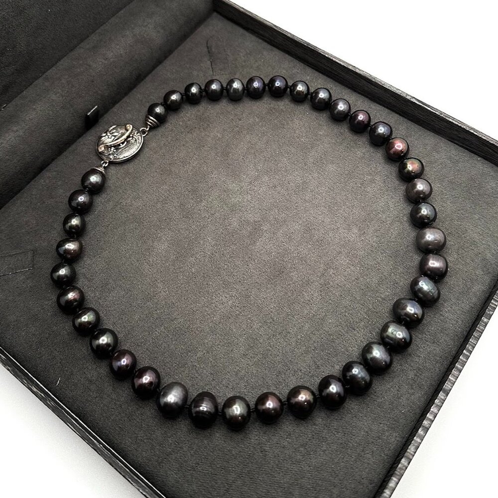 Designer 925 Sterling Silver Cultured Black Pearl Beaded Necklace 18"